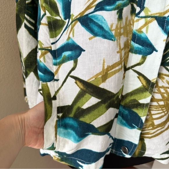 Chico's Tropical Print Linen Collar 3/4 Sleeve White Green Zip Jacket - Picture 7 of 16